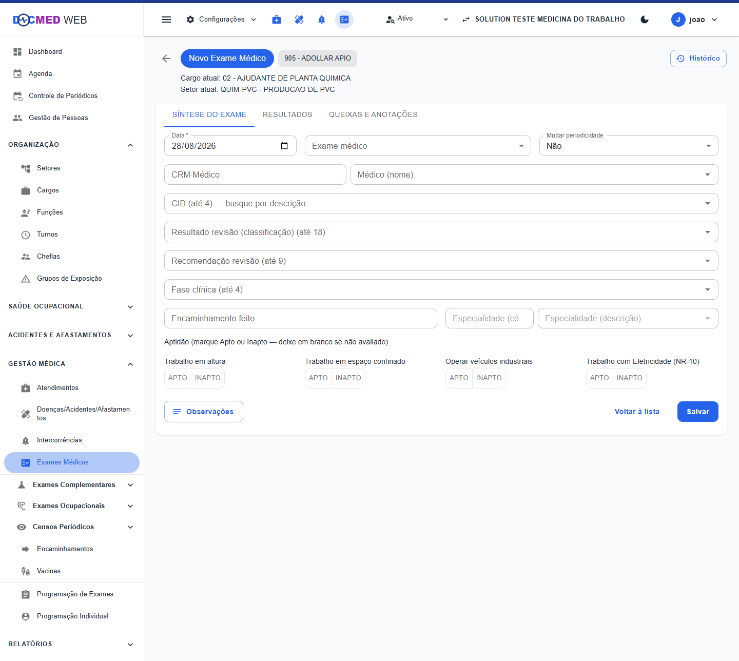 Formulário de novo exame médico, com data, tipo de exame, médico, CID e aptidão para atividades especiais
