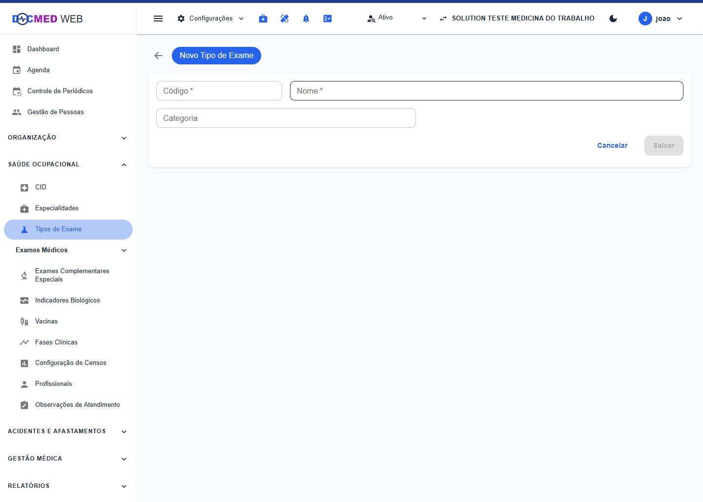 Formulário de novo tipo de exame, com código, nome e categoria