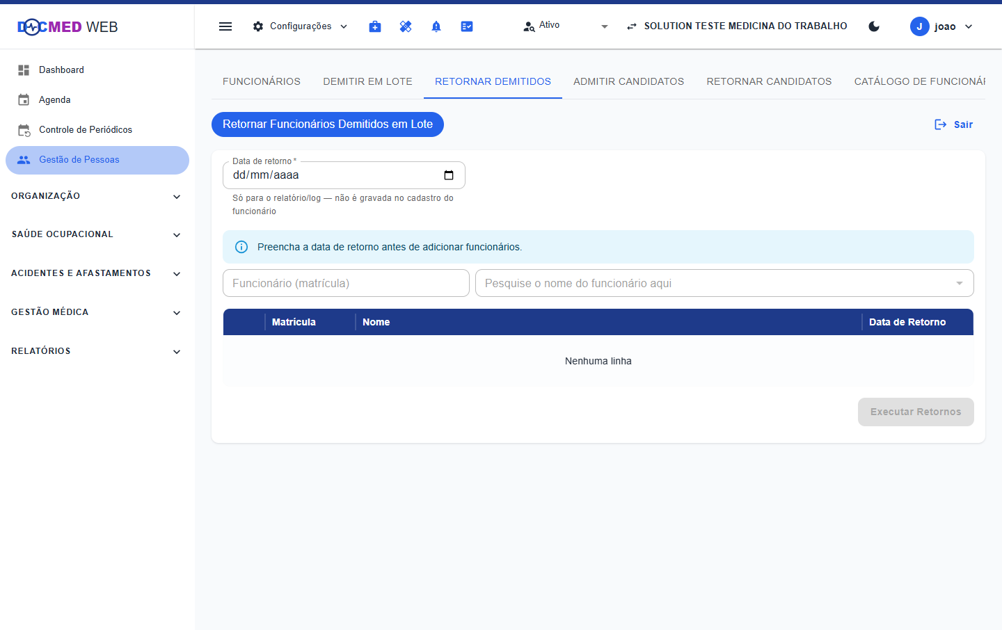Tela de retorno de demitidos em lote, com data de retorno e busca de funcionários