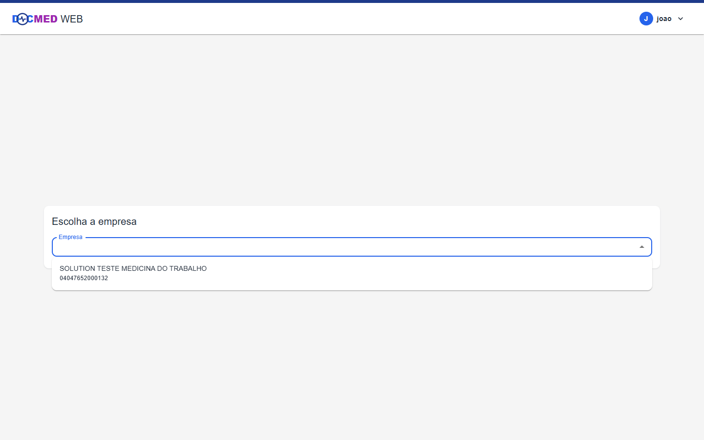 Tela de seleção de empresa, com dropdown de busca